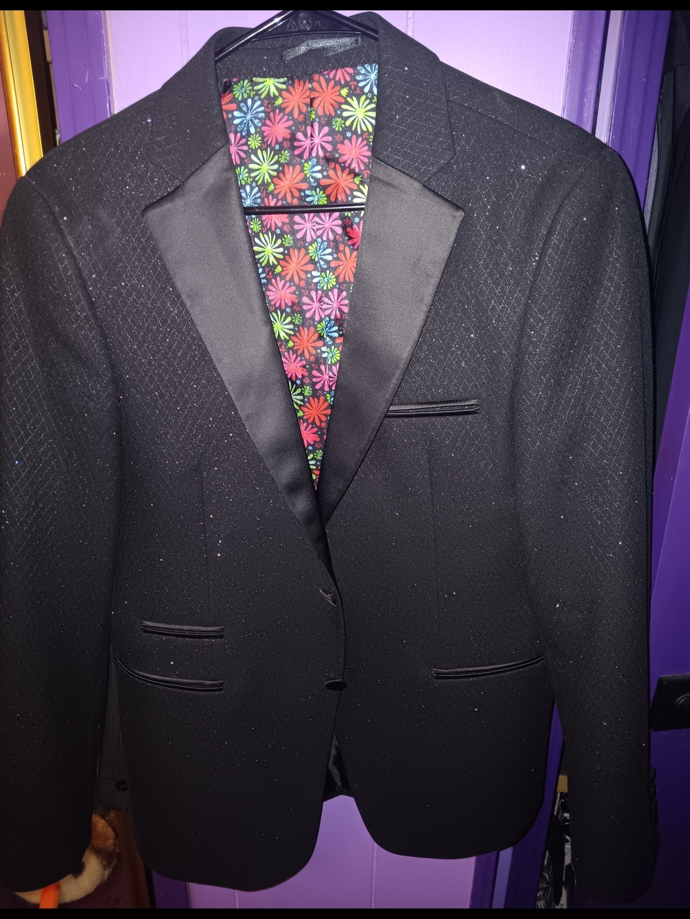 Men's Black Sparkle Tuxedo Blazer with Colorful Floral Lining